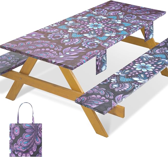 Fitted Waterproof Picnic Table Cover with Bench Covers Elastic Reusable Camping Table Cloths for 6Ft Rectangle Tables Summer Camp Motorhome Party Gear Outdoors Car Travel Trailer Gadgets Gift
