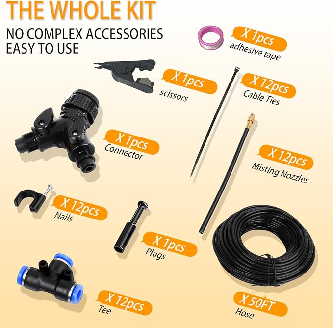 50FT Drip Irrigation System, 2026 Upgrade Garden Watering Kit with 12pcs 360° Adjustable Copper Nozzles, Automatic Atomizing Sprinkler System for Raised Beds, Lawn, Greenhouse, Outdoor Plants (50 ft)