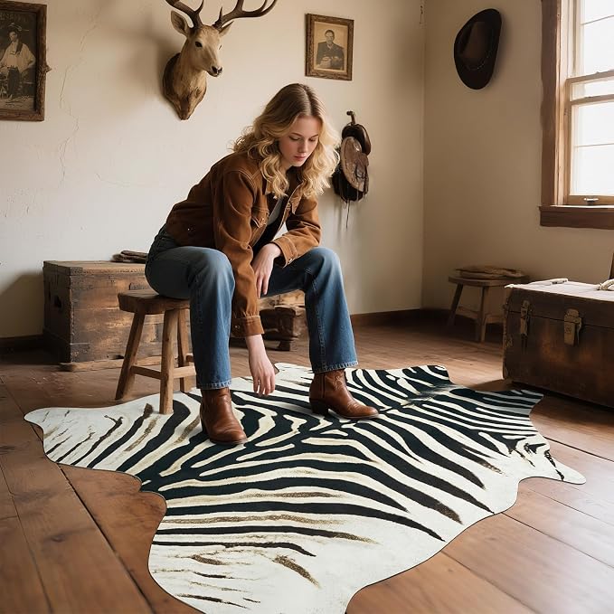 AROGAN Western Faux Zebra Rug, Sturdy Zebra Hide Rugs, Non-Slip 6.2x7 Ft | Premium Animal Skin Print Rug for Wall Decor, Western Floor Carpet for Bedroom Living Room, Black and White