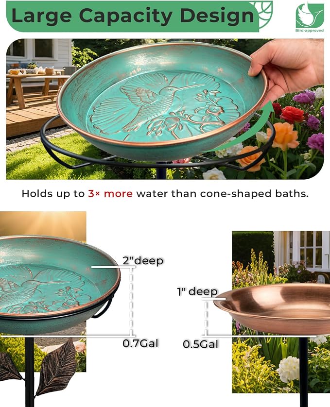 Metal Bird Bath for Outside 12" Bowl – Hummingbird Embossed Garden Birdbath with Stake | Removable Bowl, Rust Resistant Outdoor Water Bowl for Small Birds, 36" Yard Lawn Decor