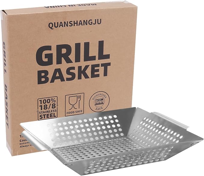 Stainless Steel Vegetable Grill Basket with Handles, 1 Pack | Heavy-Duty Grill Basket with Handles for Vegetables & Seafood
