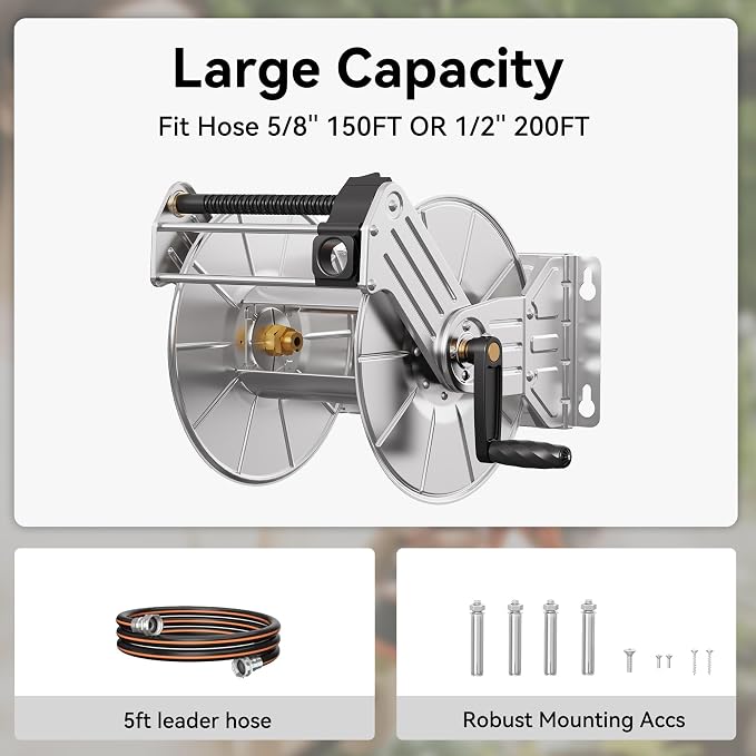 Giraffe Tools Stainless Steel Garden Hose Reel Heavy Duty, Wall/Floor Mounted Stainless Water Hose Reel Retractable with Crank, 150-Feet 5/8" Hose Capacity