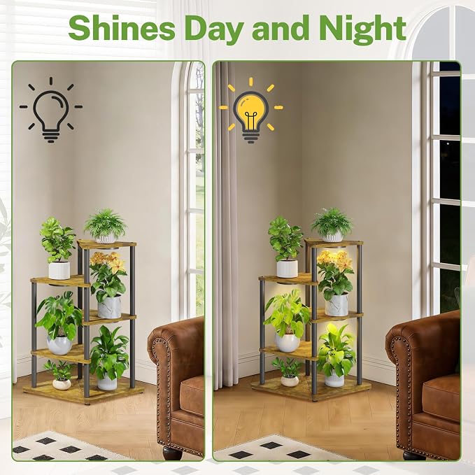 iDavosic.ly Tall Plant Stand with Grow Lights for Large & Heavy Duty Planters, 4 Tier Indoor Corner Flower Shelf with Wooden Trays & Metal Frame, Orchid Rack for Living Room Balcony, Black & Brown