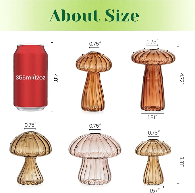 Hewory Glass Mushroom Propagation Stations: Set of 10 Unique Propagation Jars Glass Planter for Indoor Plants Home Decor - Brown Mushroom Vase Christmas Birthday Gifts for Plant Lovers Women Girls