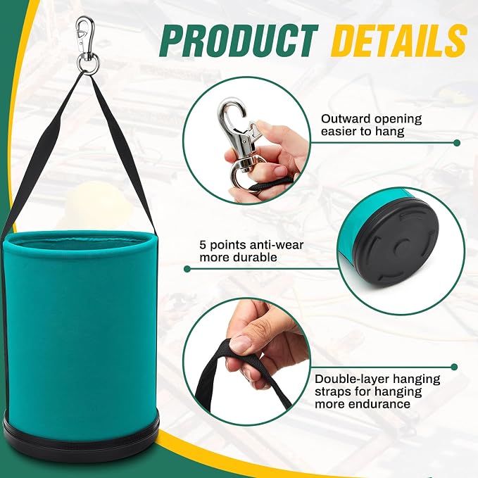 2 Pack Canvas Bucket 15" x 12" Heavy Duty Lineman Tool Bag with Plastic Bottom & Metal Hook Electrician Tool Organizer for Jobsite Use, Load Rated up to 150 Pounds (Turquoise)