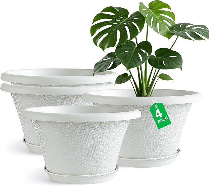 Quarut 12 Inch Plant Pot,4 Pack Large pots for Plants,Flower Pots with Drainage Hole & Saucer,Modern Planters for Indoor Outdoor Plants,Decorative Resin Garden Pots,White