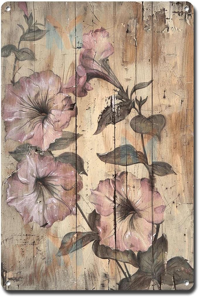 Metal Sign Tin Sign Vintage Wall Art Antique Artist's Vision Petunias Tin Sign for Rustic Wall Decor Distressed Wood Surfaces and Weat Bar Sign for Pub 8×12 Inches