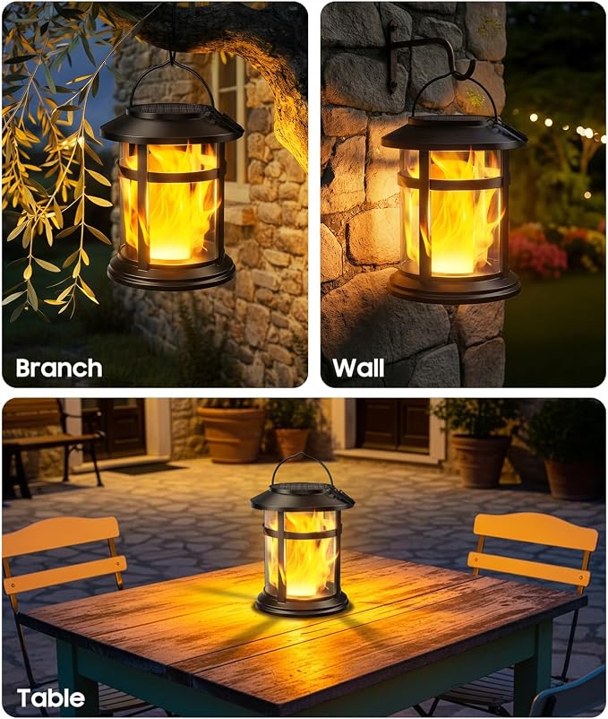 Solar Lanterns Outdoor Waterproof, 2 Pack Upgraded Flickering Flame Hanging Solar Lights for Outside Decorative, Solar Powered Lanterns Lighting for Garden Patio Table Porch Decor Gifts