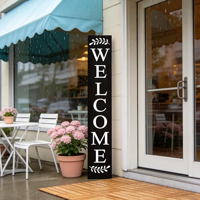 Welcome Sign for Front Porch, 47" Large Wooden Welcome to Our Home Sign Door Hanging Standing Plaque, Farmhouse Vertical Outdoor Porch Decorations for Yard Patio Entrance, Black