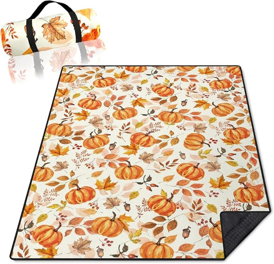 Fall Pumpkin Blankets Waterproof Foldable,60’‘x80'' Portable Dual Layers Outdoor Travel Camping Backpacking Hiking Beach Blanket Mat for Grass Padded Lawn Park Beach,Fall Pumpkin Picnic Accessories