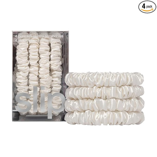 Slip Silk Hair Ties — Skinny Silk White Scrunchies, No Damage, No Crease, Anti-Breakage |100% Mulberry Silk | All Hair Types | Made with Proprietary Slipsilk™ | Set of 4