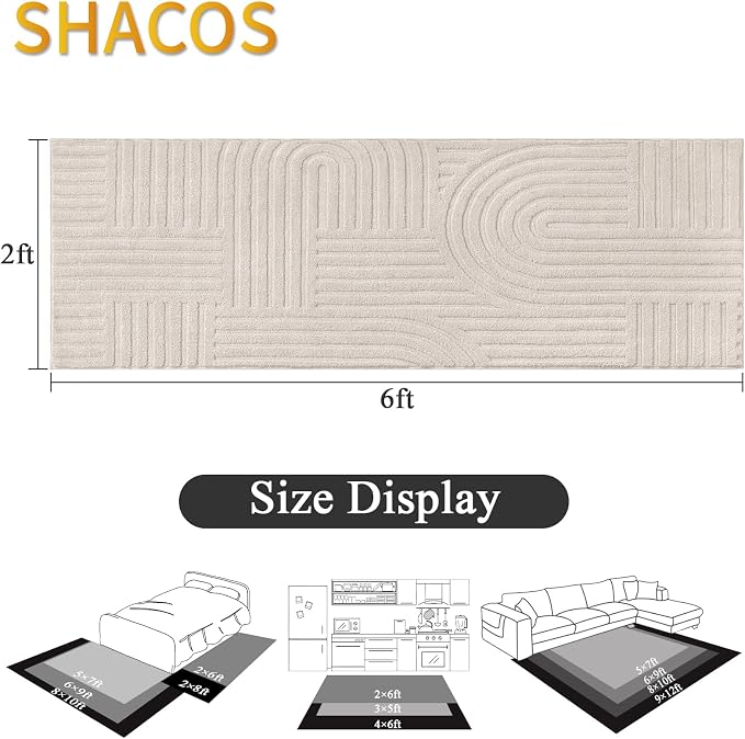 SHACOS Soft Cozy Fluffy Arch Pattern High Low Pile Runner Rugs 2'x6' Non Slip Washable Scandinavian Minimalist Rug Modern Geometric Arc Carpet for Living Room Bedroom Bathroom, Beige