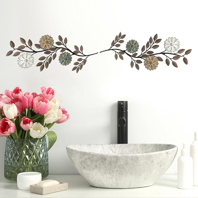 MorningRo 2 Pcs Metal Flower Leaves Wall Art Spring Wall Decor Living Room, 15.75 Inch Vintage Rustic Branch Leaf Wrought Iron Scroll Art Decor for Summer Bedroom Indoor Outdoor Decorations(Brown)