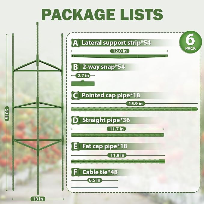 6 Pack Tomato Cage for Garden Plant Supports, 48 Inch Tomato Trellis for Potted Plants, Heavy-Duty Garden Plant Stakes for Climbing Vegetables Plants Cucumber Peony Flowers, Green