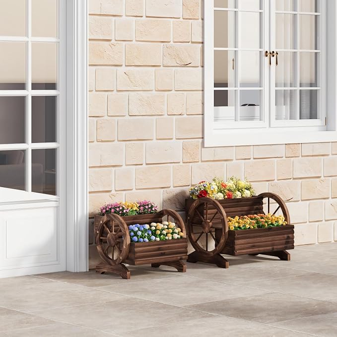 Wooden Wagon Planter with Wheels,Flower Pots, Carbonized, Large | Flower Cart Design, Outdoor Garden Use, Indoor & Backyard Compatible, Patio & Balcony Decor