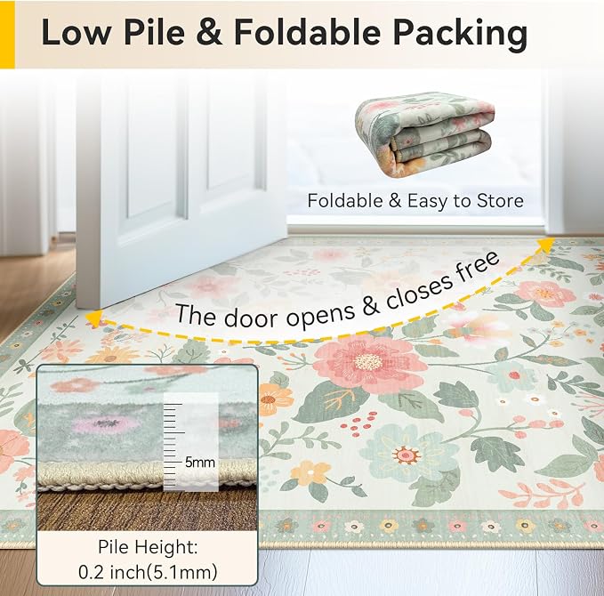 RELEANY Floral Washable 8x10 Area Rugs Beige/Green | Flower Carpet, Print, Boho, Non-Slip, Easy to Clean, Soft, Low Pile for Living Room Bedroom Kitchen Office Entryway Hallway