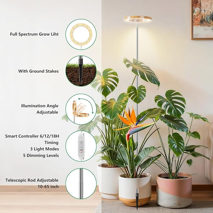 SDOVUERC Full‑Spectrum Grow Lights for Indoor Plants – Adjustable Height Plant Lamp with Wood‑Grain Finish, 6/12/18H Timer, 3 Color Modes, Perfect Plant Lights for Houseplants Growing.(Pack 1)