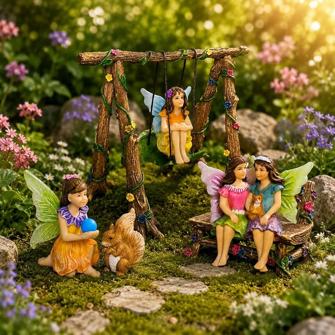 Mood Lab Fairy Garden Figurines with Swing - Miniature Accessories Set (6 pcs) - Outdoor Indoor Garden Decor