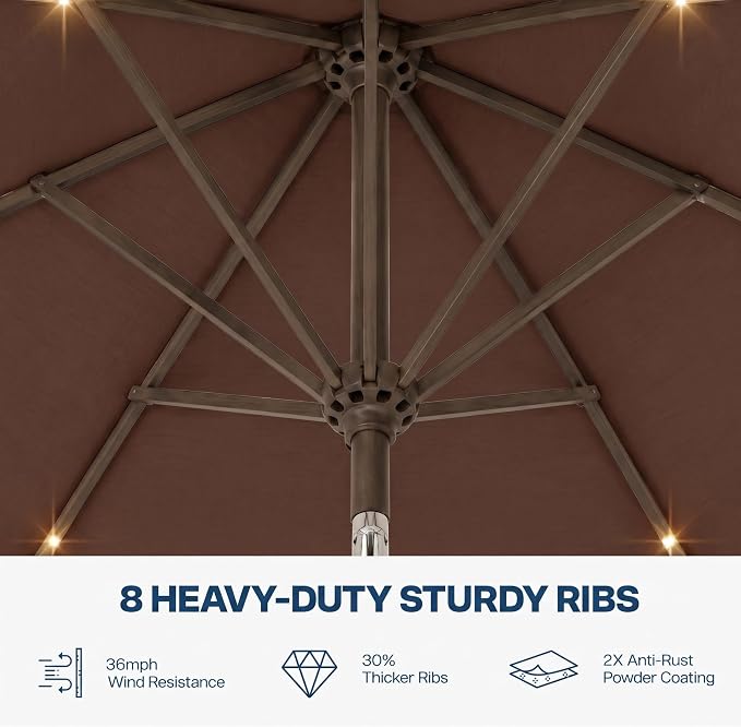10FT Solar Patio Umbrella with Lights, Outdoor Table Market Umbrella with 32 LED Lights, 8 Sturdy Ribs, Push Button Tilt and Crank for Pool, Deck and Garden, UV-Resistant