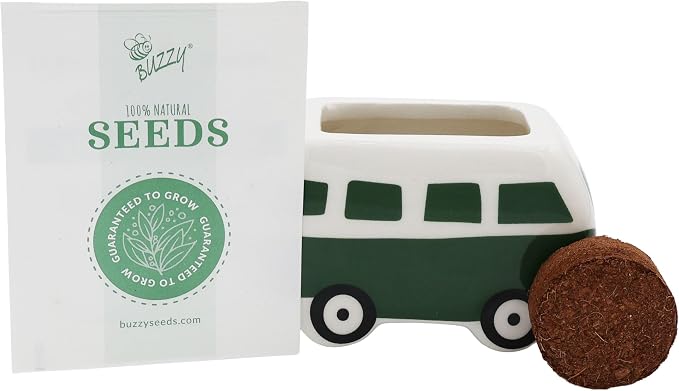 BUZZY Seeds Mini Ceramic Flower Bus Grow Kit 4-Pack - Bus Ceramic Planter - Complete Indoor/Outdoor Gardening Kit with Seeds, Coconut Husk Growing Medium & Genuine Pots - 100% Grow Guarantee