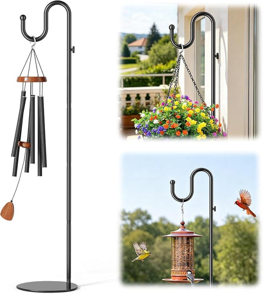 74" Shepherds Hook Stand, Adjustable Wind Chime Stand with Heavy Duty Base, Free Standing Plant Hanger Pole for Bird Feeders, Lanterns, Wreaths & Plants, Indoor Outdoor, Holds Up to 20 LBS, Black