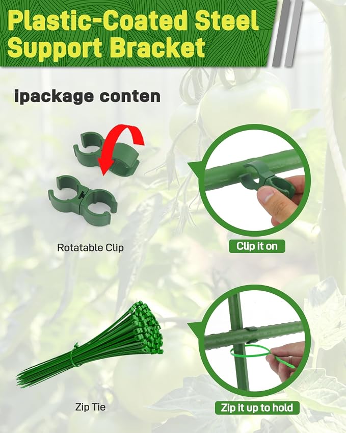 50 Pack 4FT Garden Stakes with Clips & Ties, 0.78" Steel Core Plastic Covered Plant Support Stakes for Tomatoes, Vegetables & Climbing Plants