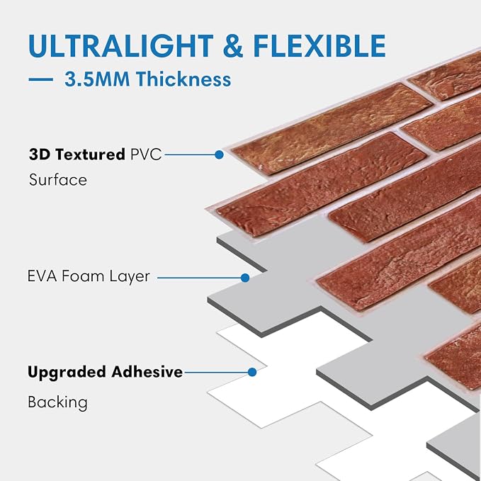 COMSTICKC 3D Red Faux Brick Wall Panel Peel and Stick Wall Stickers, 12 pcs of 22.8" x 11.8", DIY Lightweight PVC Fake Brick Decorative Wall Covering Backsplash Interior Decor,Covers 22.48 sq.ft