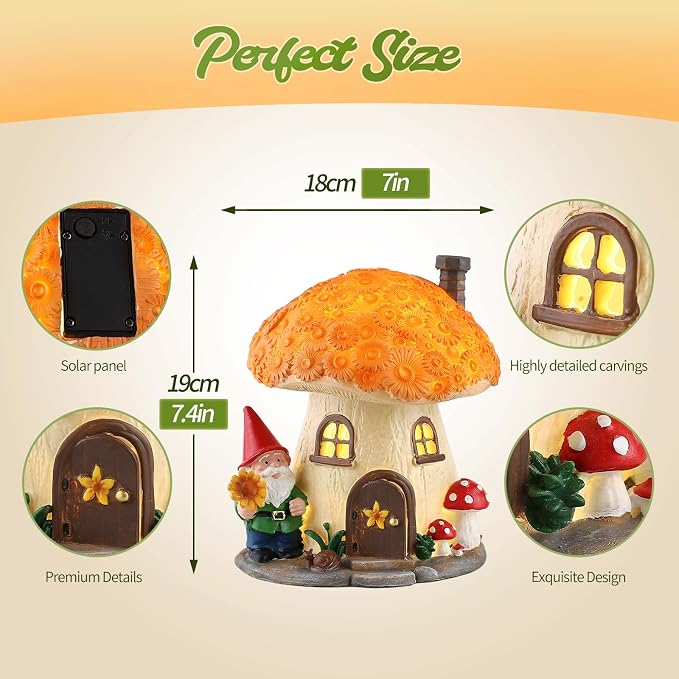 7.48" Mushroom House Garden Statue with Solar Light, Sunflower and Snail | Whimsical Outdoor Garden Decor for Lawn, Balcony, Patio, Porch and Yard, Charming Housewarming Gift for Garden Lovers