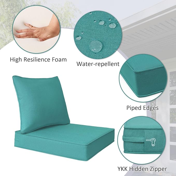 Unimatta Outdoor Patio Chair Cushions Set, 24" x 24"(24x24 Back), Set of 2, Water-Repellent, Fade Resistant, Deep Seat Bottom and Back Cushion for Backyard, Couch, Sofa, Turquoise