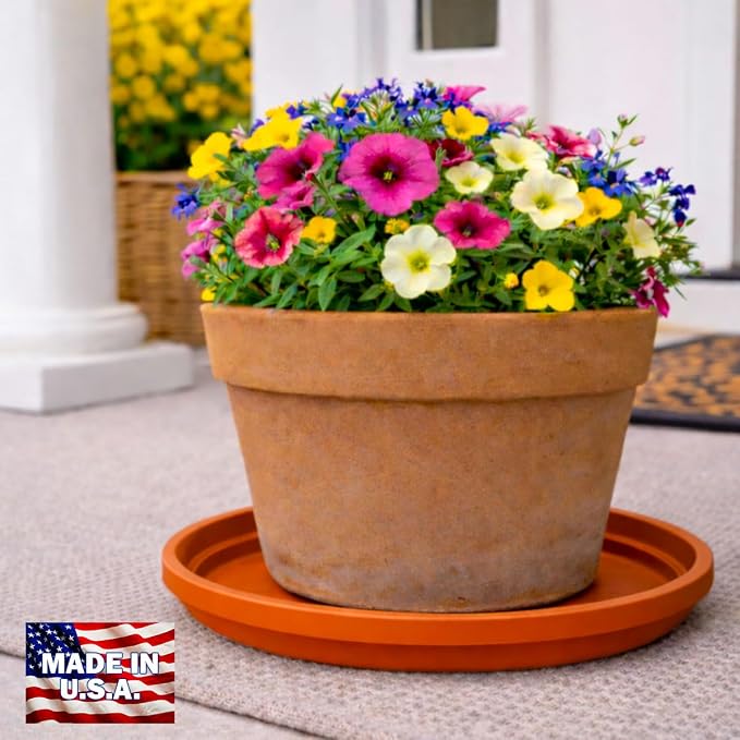 10 Inch Plant Pot Tray USA Made – Durable Plastic Flower Pot Saucer – Plant Water Catcher for Indoor Outdoor Garden (6, Classic Terracotta)