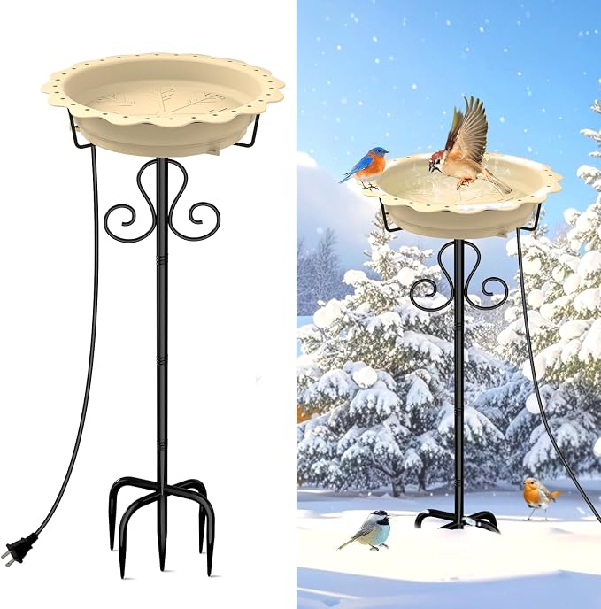 Heated Bird Baths for Outdoors, 100W Heated Birdbath Bowl for Outdoors for Winter with 5-Prong Metal Base Thermostat Control, Heated Bird Bath for Outside Winter Garden Patio Yard Lawn (Yellow)