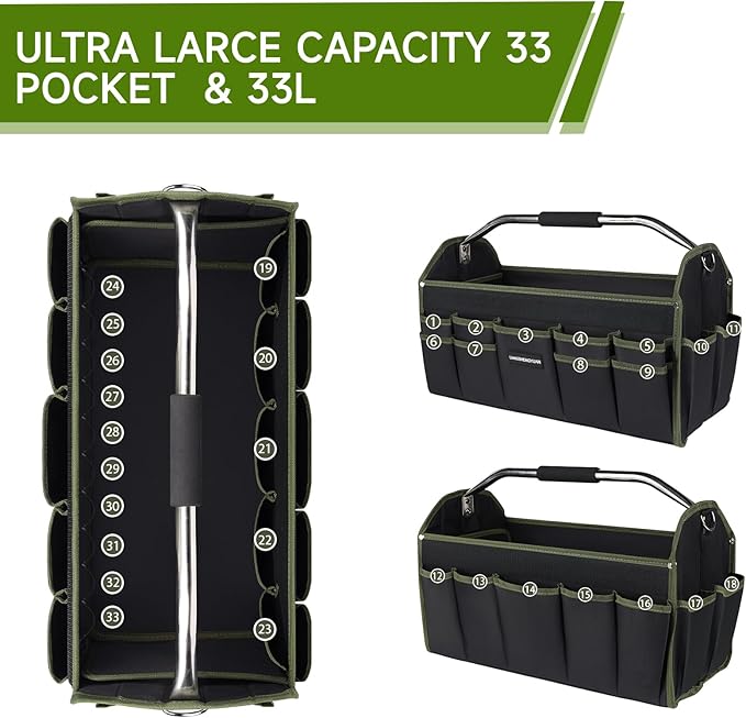 22In Electrician Tool Bag, Foldable Bags For Men Heavy Duty, Open Top Tool Tote, 30 Pockets Can Hold Many fittings, Organizer Stainless Steel Handle and Removable Shoulder Strap
