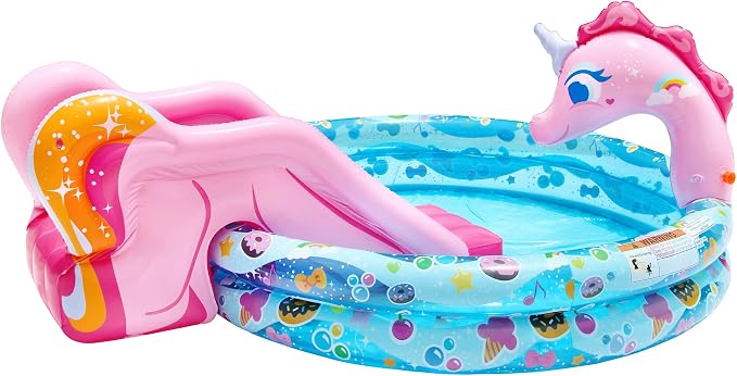 BANZAI Spray 'N Splash Unicorn Pool, Length: 78 in, Width: 60 in, Height: 32 in, Inflatable Outdoor Backyard Water Slide Splash Toy