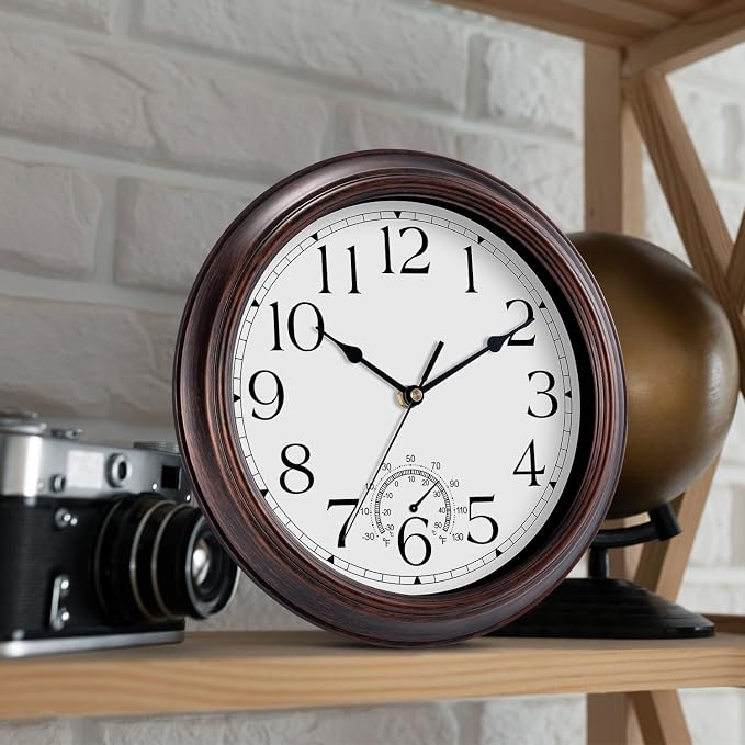 KECYET 8.5 Inch Outdoor Wall Clock with Thermometers, Vintage Silent Wall Clocks Battery Operated, Retro Non-Ticking Clock Decorative for Living Room, Patio, Kitchen, Office, Bathroom, Bedroom(Bronze)