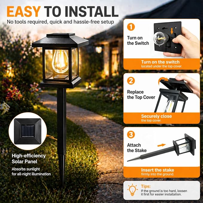 2-Pack Solar Pathway Lights - High-Efficiency Polycrystalline Panels for All-Night Glow - IP65 Waterproof Outdoor Landscape Lighting for Garden, Walkway & Driveway Security (Black)