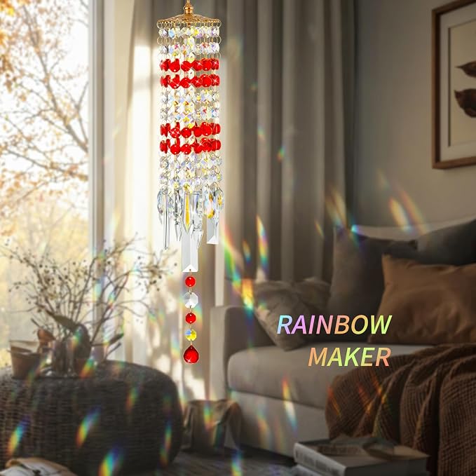 Crystal Wind Chimes Rainbow Suncatcher for Window, Garden, Patio Decor | K9 Crystal Suncatcher, 22 Inches, Creates Rainbows Indoors/Outdoors, Ideal For Gifting, Rose Gold Hooks, Porch/Balcony