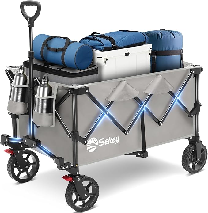 Sekey Collapsible Foldable Wagon with 300lbs Weight Capacity, Heavy Duty Folding Wagon Cart with Big All-Terrain Wheels & Drink Holders.Gray