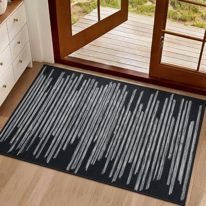 GarveeHome Black 2x3 Small Area Rug for Entryway Machine Washable Non Slip | Modern Striped Soft Bedroom Carpet Geometric Stain Resistant Low Pile Doormat for Kitchen Hallway Laundry Room