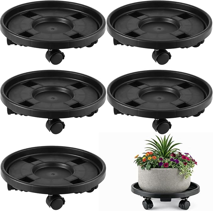 5-pack 11.8" Large Plant Caddy with Wheels Plastic Plant Dolly with Locking Caster Flower Pot Mover Rollers Wheeled Rolling Plant Stands Round Plant Saucer on Wheels Indoor Outdoor Base Coasters Black