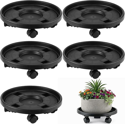 5-pack 11.8" Large Plant Caddy with Wheels Plastic Plant Dolly with Locking Caster Flower Pot Mover Rollers Wheeled Rolling Plant Stands Round Plant Saucer on Wheels Indoor Outdoor Base Coasters Black