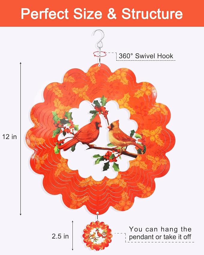 Cardinal Wind Spinners Outdoor, 12 Inch Stainless Steel Spinfinity Wind Spinner, 3D Kinetic Hanging Sculpture, Garden Suncatchers, Wind Chimes for Outside, Metal Yard Art Ornament, Nana Gifts