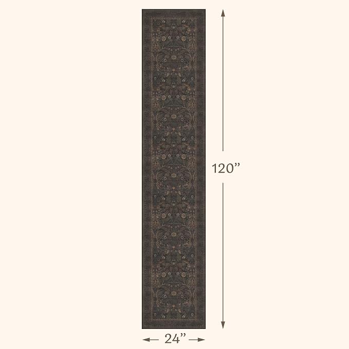 Washable Long 2x10 Hallway Runner Rug - 10ft Floral Foyer Rugs for Entryway, Traditional Botanical & Sunflower Kitchen Floor Mats (Brown and Black)