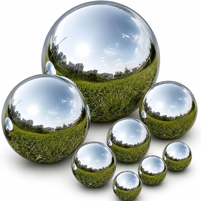 Gazing Ball Garden Mirror Outdoor - Outside Decorative Globe, Silver, 8Pcs | Metal Polished Reflective Sphere, Stainless Steel Hollow Decoration Ornament for Home Pond Swimming Pool Housewarming Gift