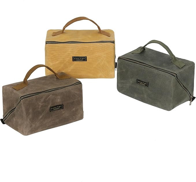 Heavy Duty Tool Storage Organizer, Tool Pouch with Metal Zipper + Handle, 16 OZ Waxed Canvas Tool Bag | 3-Pack | Army Green + Khaki + Grey