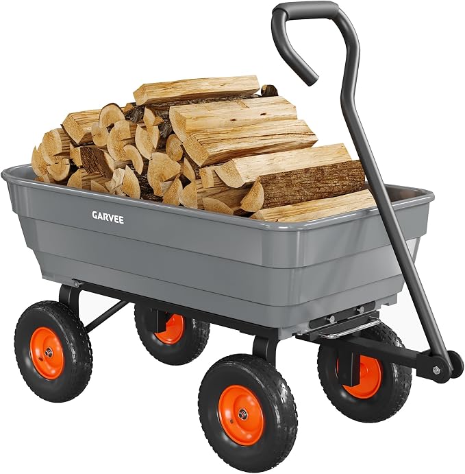 GarveeLife Poly Garden Dump Cart, 600 lb Wheelbarrow Yard Cart with 10 in Wheels, Quick-Dump & Towable Utility Wagon for Yard, Soil, Rocks（Gray）