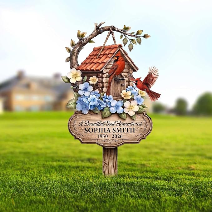 Personalized Cardinal Memorial Yard Sign Outdoor Metal Decor | custom name cardinal memorial plaque yard sign with stakes garden sympathy gift for mom outdoor decor for loss of loved one