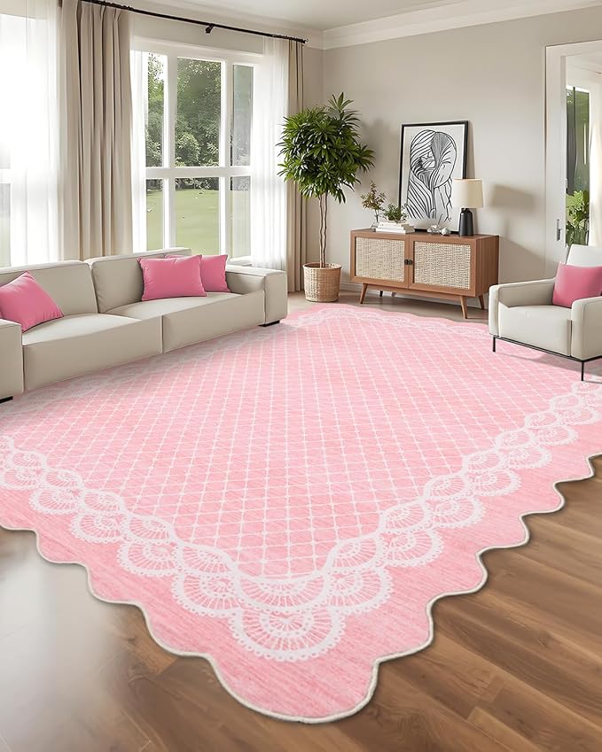 Garvee Washable Scalloped 9x12 Area Rug for Living Room, Lace Pink Rug | Washable Rugs 9x12, Soft Low Pile Non Slip Scalloped Rugs for Under Table Nursery College Bedroom Playroom