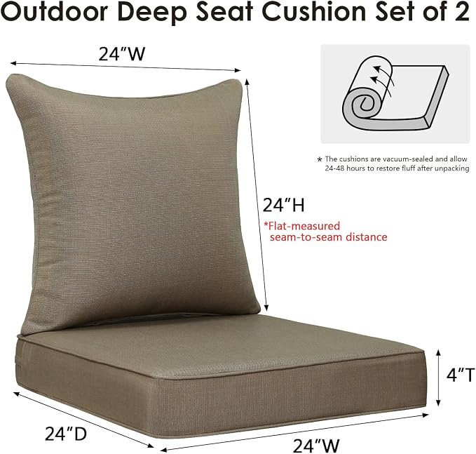 Unimatta Outdoor Patio Chair Cushions Set, 24" x 24"(24x24 Back), Set of 2, Water-Repellent, Fade Resistant, Deep Seat Bottom and Back Cushion for Backyard, Couch, Sofa, Coffee Brown