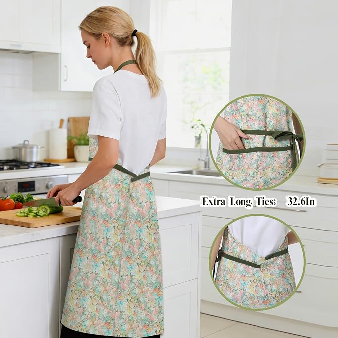 Women's Vintage Floral Kitchen Apron for Cooking & Gardening | Adjustable Neck Straps & Large Pockets, Cute Pinafore for Baking Tea Time, Practical Hostess Gift(Green/Pink Flowers)