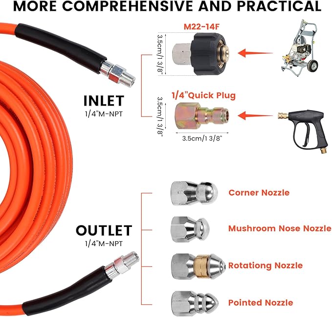70FT Pressure Washer Sewer Jetter Kit, 5800 PSI Water Jet Drain Cleaner Hose with Corner Rotating Button Nose Nozzle, 1/4 Inch NPT, Sewer Jetter Nozzles Kit with Spanner Handle Strap
